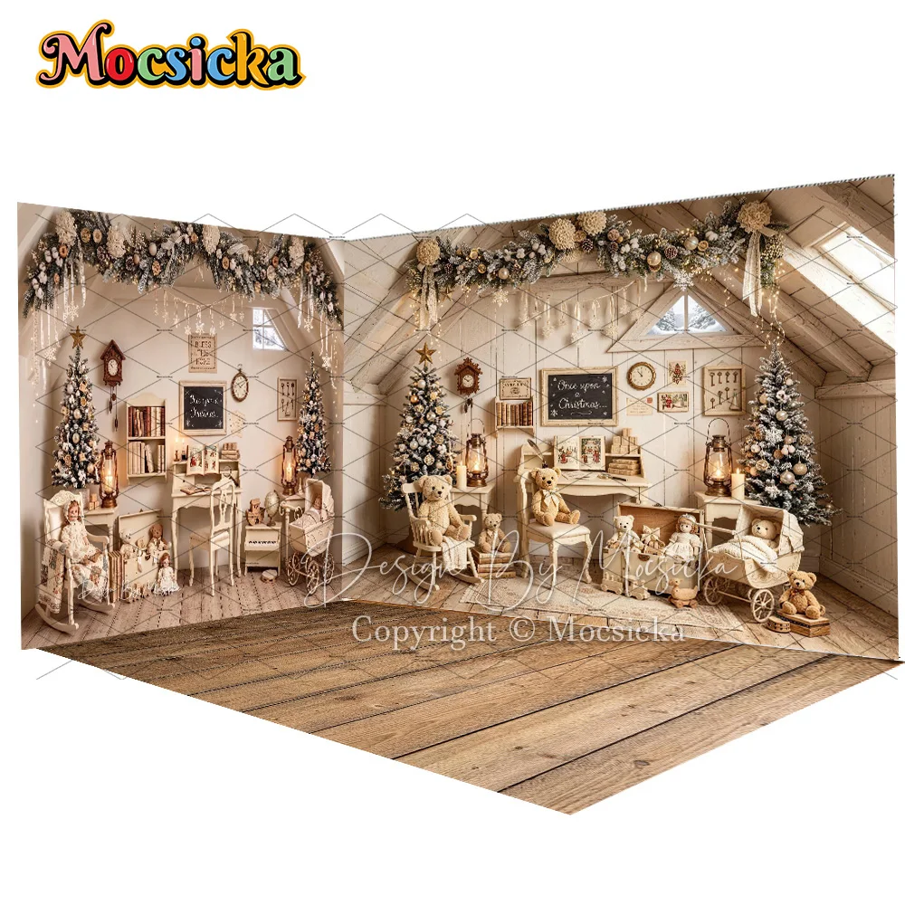Mocsicka Vintage Attic Christmas Corner Backdrop Photography Floral Garland Xmas Tree Toy Bear Gifts Background Winter Kid Photo