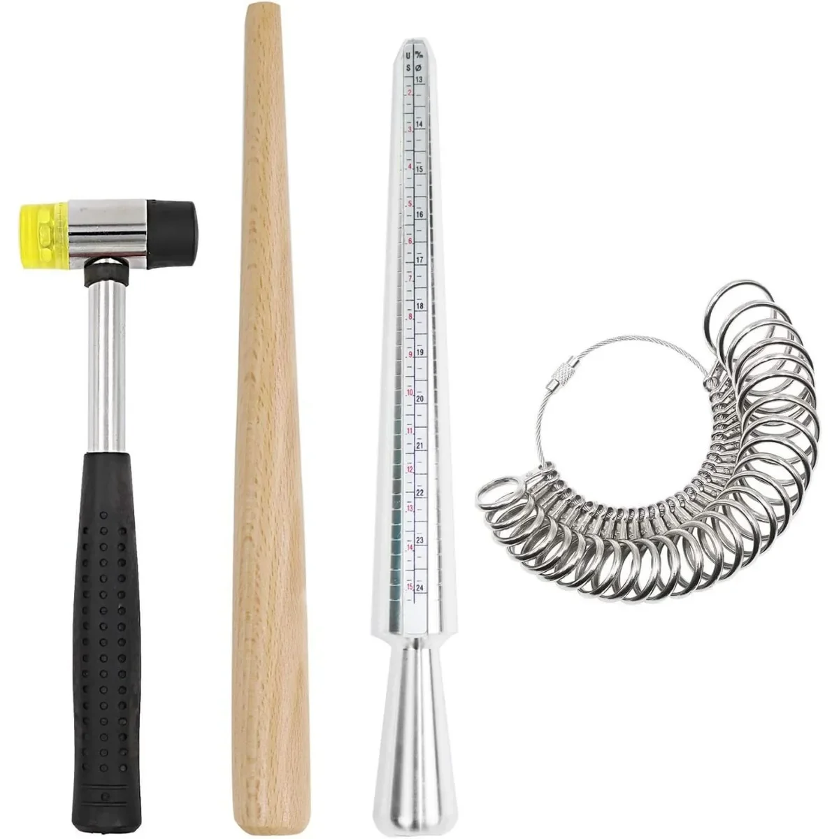 Professional Jewelry Ring Sizing Kit Metal Mandrel Rubber Mallet Wood Shaper and Finger Gauge for Precise Ring Resizing Crafting