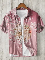 Japanese Retro Pink Cherry Blossom Print Shirt, Fashionable and Casual Hawaiian Beach, Breathable Short Sleeves, 2024