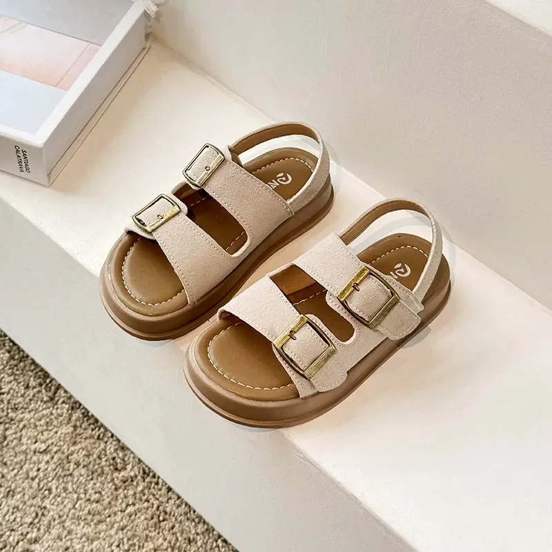 Children Retro Slippers Buckle Kids Summer Beach Shoes Simple Open-toe Classic Solid Color Boys Girls Casual Sandals 2024 New