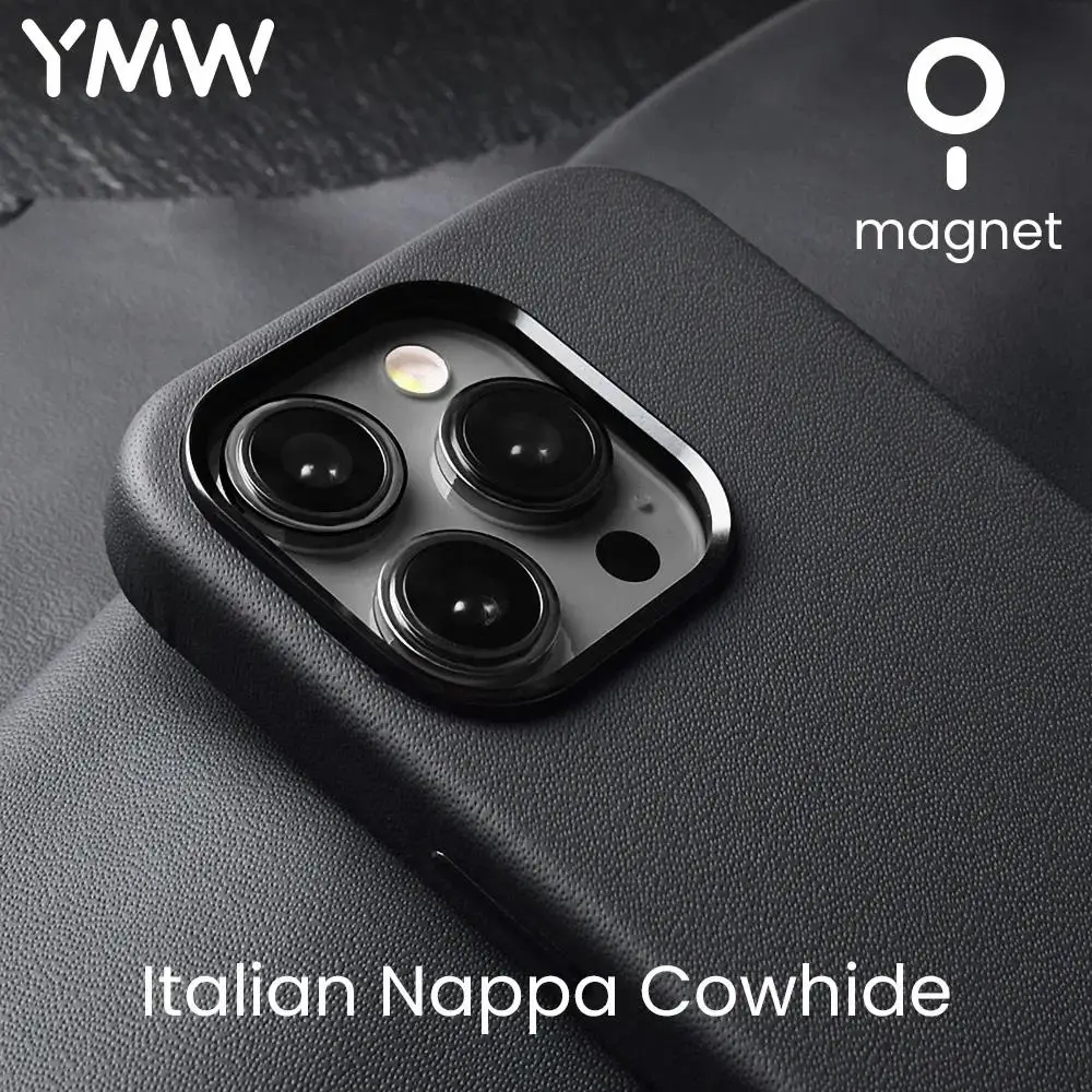 YMW Italian Nappa Genuine Leather Case for iPhone 15 14 13 Pro Max Magnetic Supercar Interior Business Premium Cow Phone Cover