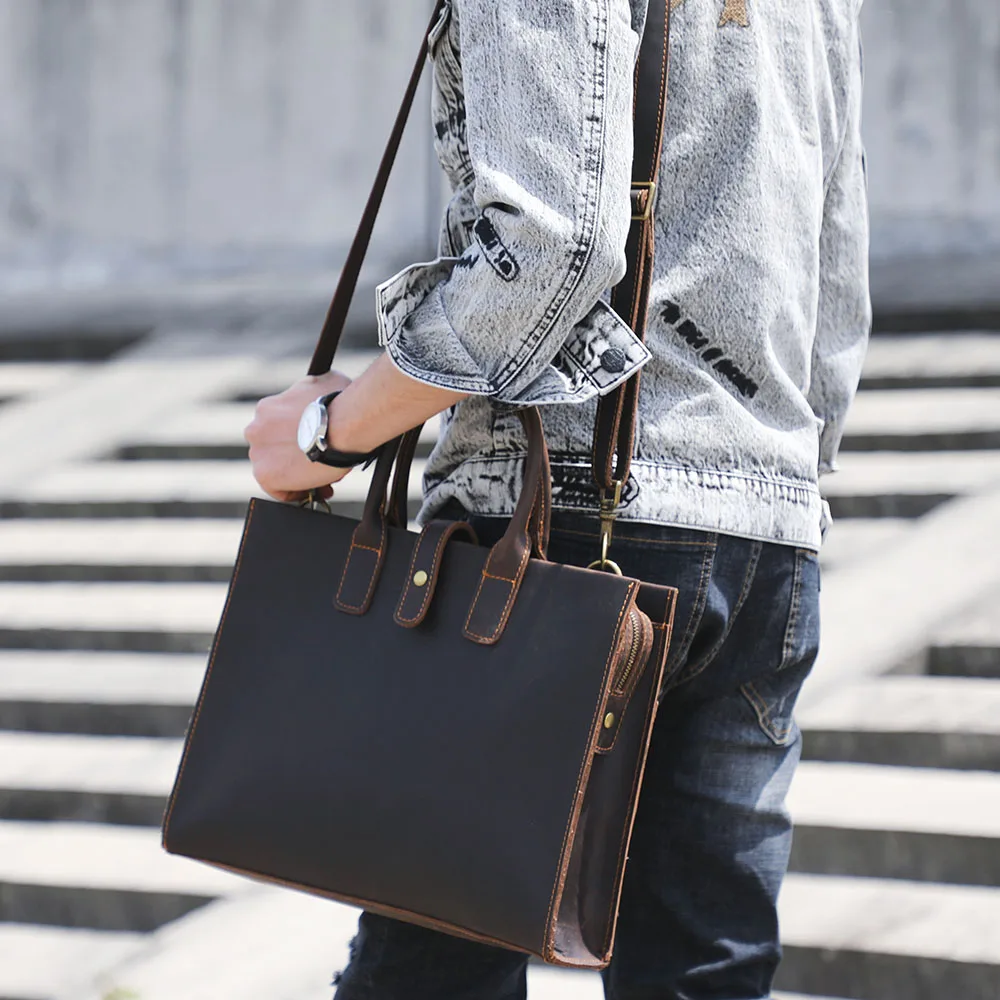 S.WORKER Handgefertigte Vintage-Leder-Aktentasche | Einfache Herren-Business-Handtasche 14" Laptop-Tasche – Detail 5