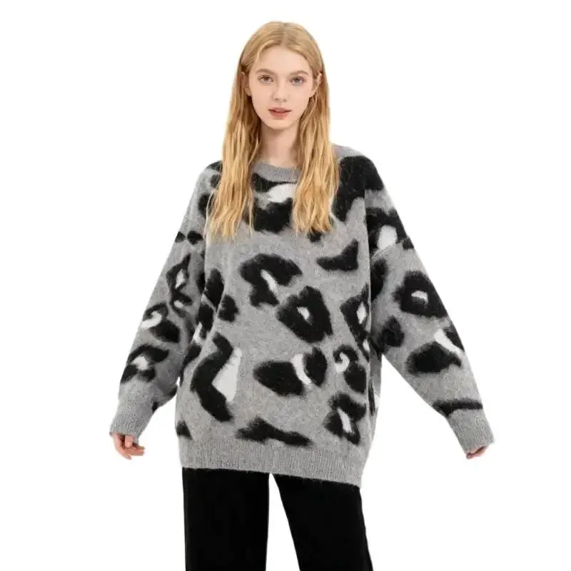 

Women's New Arrival Gray Leopard Print Knitted Sweater Crew Neck Oversized Casual Fashion Pullover Top for Autumn Winter