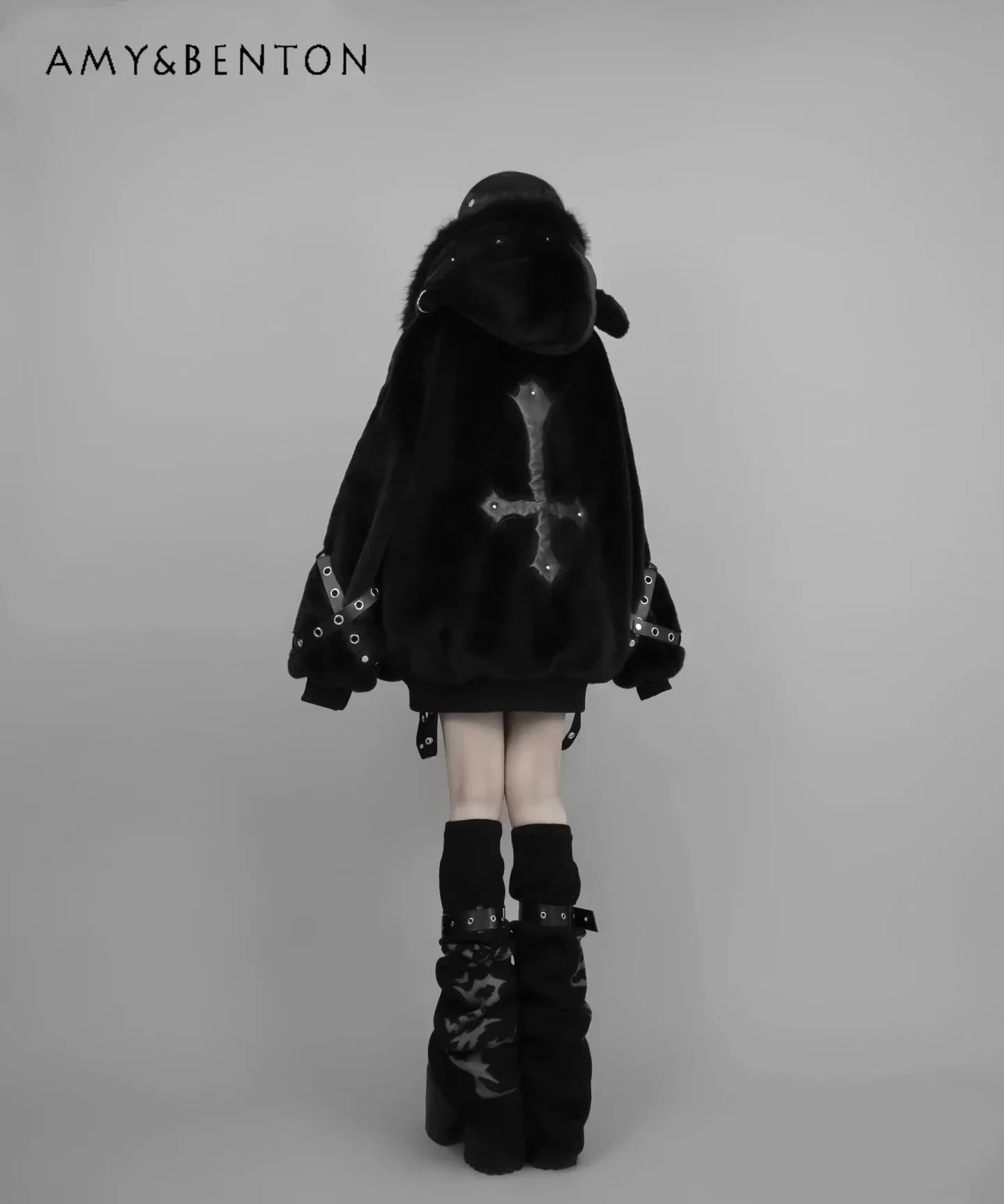 Harajuku Mine Series Sweet Cool Plush Coat Women Autumn Winter Subculture Punk Cute Lamb Ears Hooded Thickened Oversized Coat
