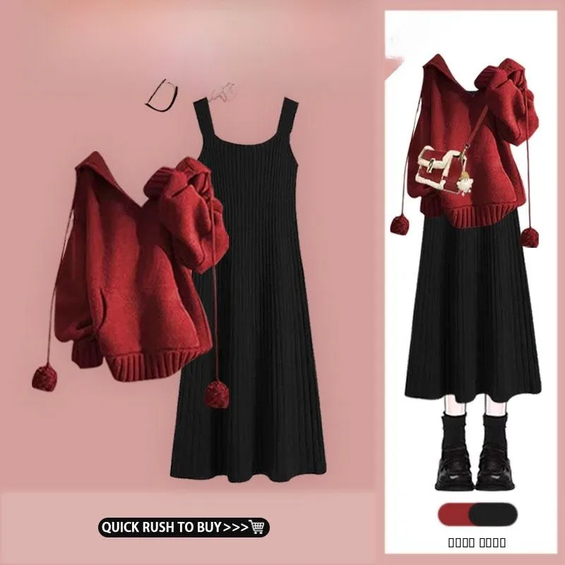 

Осенне-зимний комплект больших размеров, женская красная толстовка с капюшоном Cisas, трикотаж для похудения, комплект из двух предметов, повседневный Sle Faionable