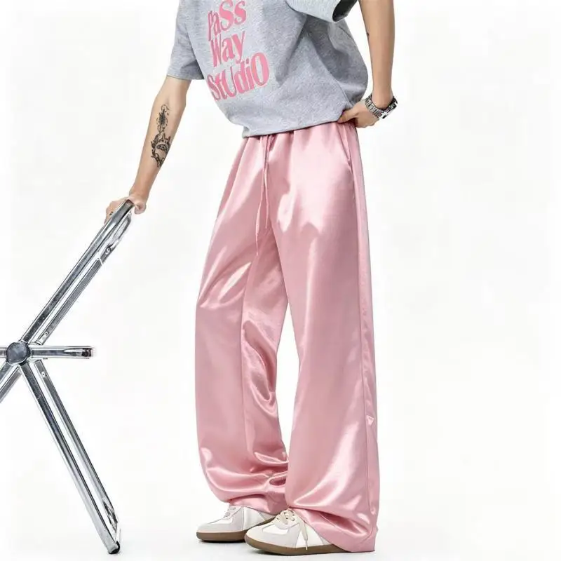 M-XXXXXL Men's Satin Trousers Loose Straight Leg Pants Shiny Casual Long Pants Vintage Streetwear Solid Color Drawstring Pants