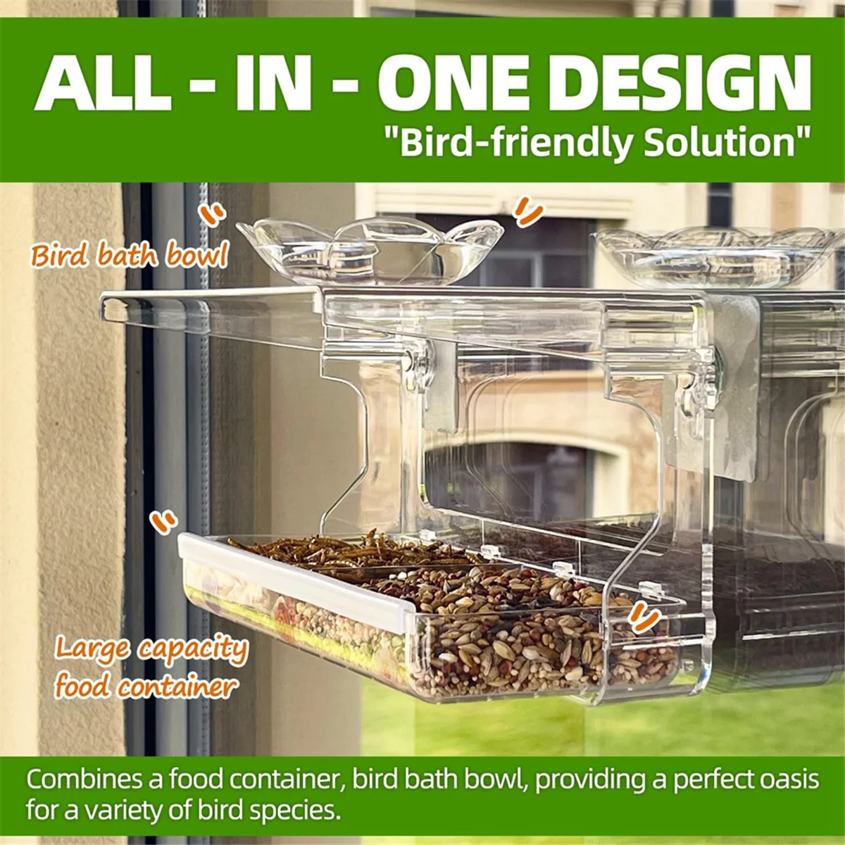 

Window Bird Feeder with Non-Marking Self-Adhesive Hooks, Clear Window Bird Feeder for Outside, Transparent Bird HouseHUG