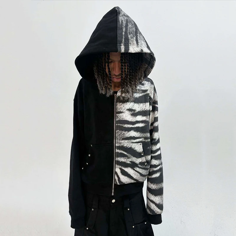 الرجال والنساء عارضة مطبوعة هوديي الخريف الشتاء زيبرا نمط طويلة الأكمام سستة مقنعين البلوز