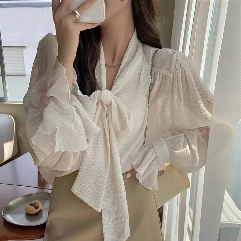 

French Ribbon Shirt 2025 Spring New Korean Style Long Sleeve Chiffon Shirts Outwear Simple Solid Color Gentle Blouse