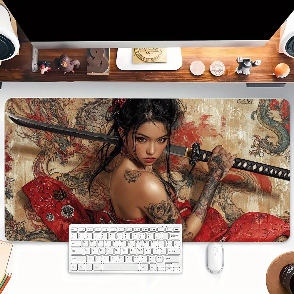 Japanese Kimono Anime Mouse Pad, Dragon Totem Design Red Dress Pattern, Non-Slip Base Comfortable Surface for Office Home Gaming view 4