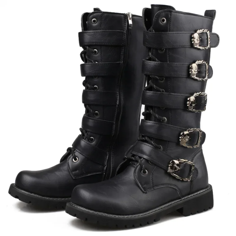 Punk Male Platform Motorcycle Boots Fashion Chunky Heels Men's Mid-Calf Boots Casual Street Shoes Man Black  Cowboy Boots