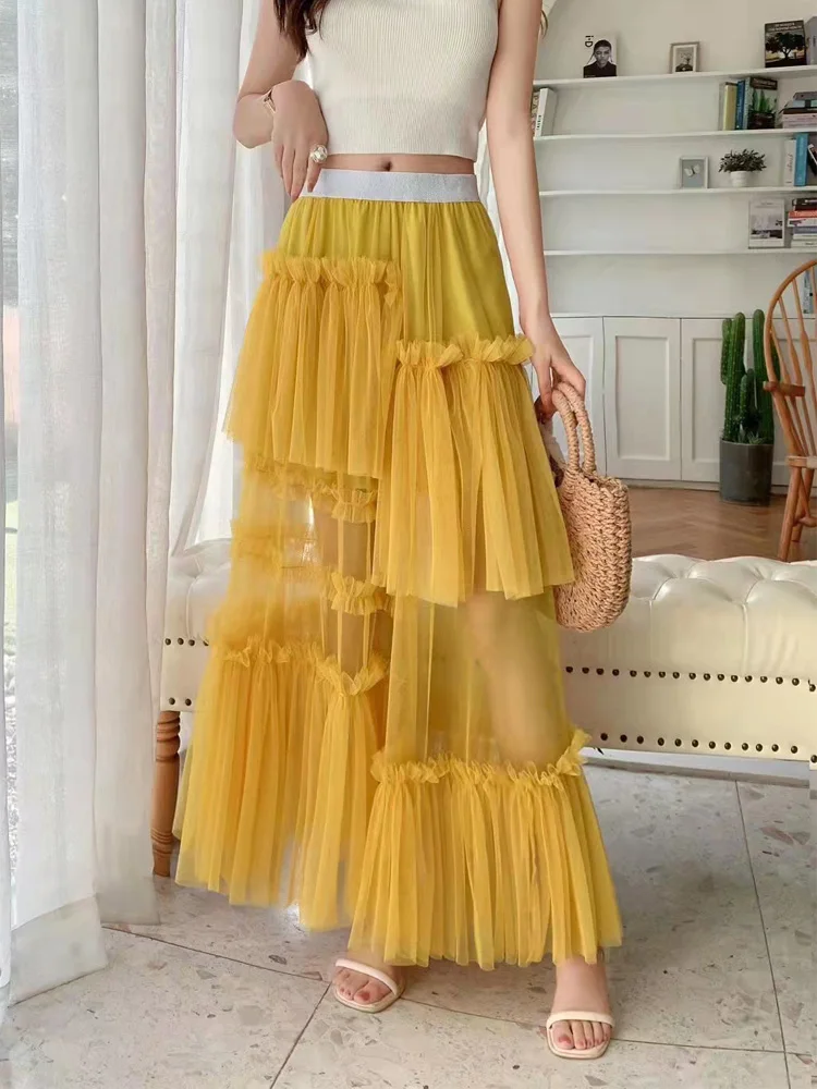 Long Tulle Skirt for Women Autumn Winter Tiered Irregular Skirt Women Mesh Long Maxi Skirts Female Yellow Red Party Skirt Lady