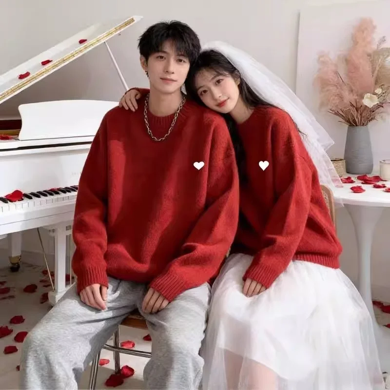 

Large Size Couple's Matching Sweatirts Red Heart Print Casual Sle Men's Women's Spring Thermal Thiened Knitted Tops