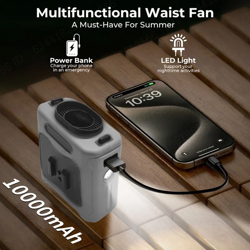 

12000mAh Portable Waist Clip Fan 40H Cooling Personal Wearable Fan Flashlight for Outdoor Jobsite Camping Traveling