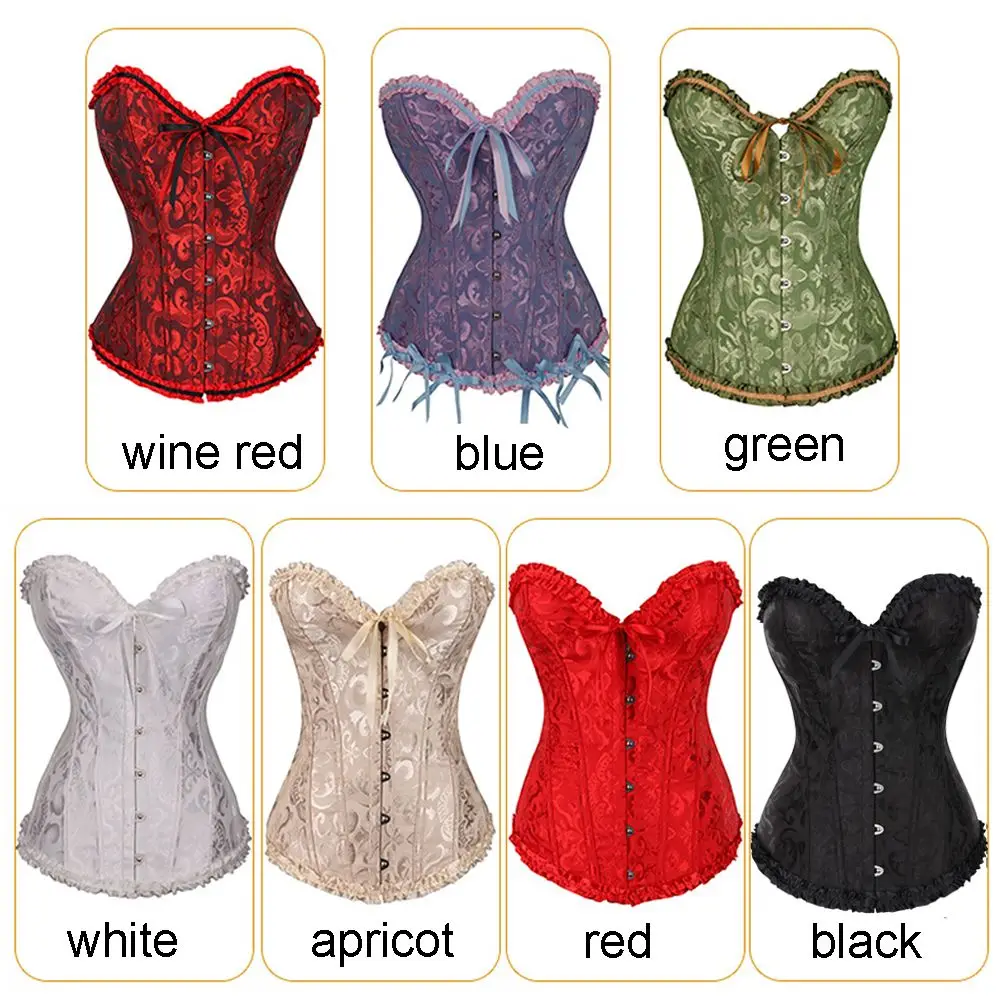 Women Sexy Gothic Satin Brocade Stays Corset Bustier Top Waist Shaper Overbust Boned Corset Top Lace-Up Costume Fancy Dresses