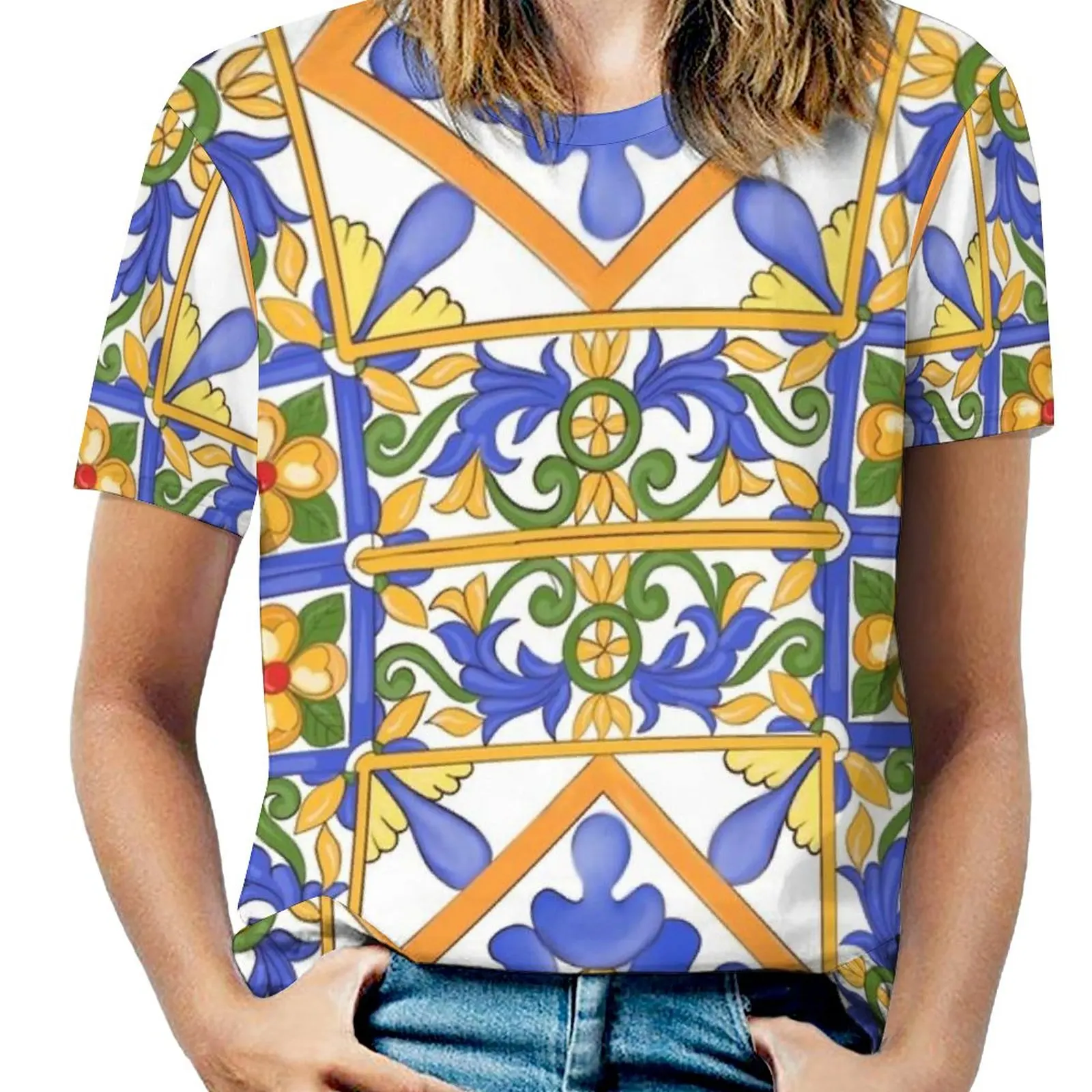 Citrus, estilo siciliano verão decoração padrão camiseta feminina nova moda impressa zíper com decote em v manga curta t camisas casuais