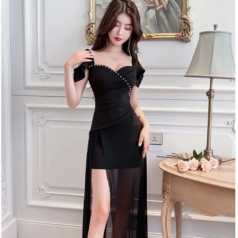 #4997 Black Purple Off Shoulder Dress Backless Sexy Split Joint Irregular Dresses Woman Party Night Slim Thin False Two Piece