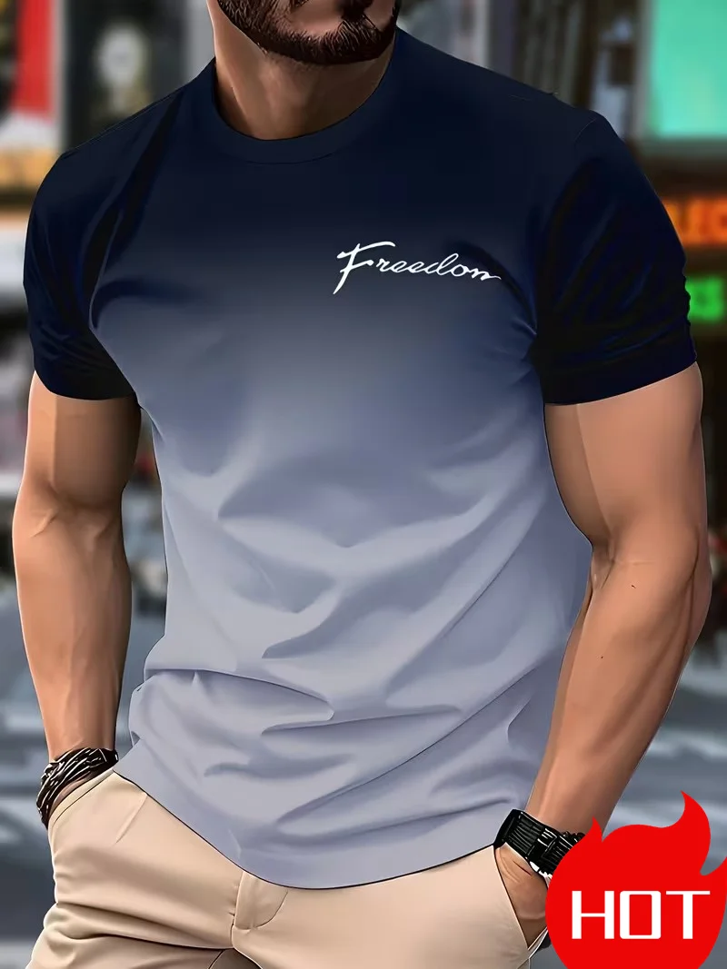 T-shirt pour homme à imprimé lettres dégradées, sportif, à séchage rapide, respirant, mode streetwear, décontracté, ample, pour la course et le fitness.