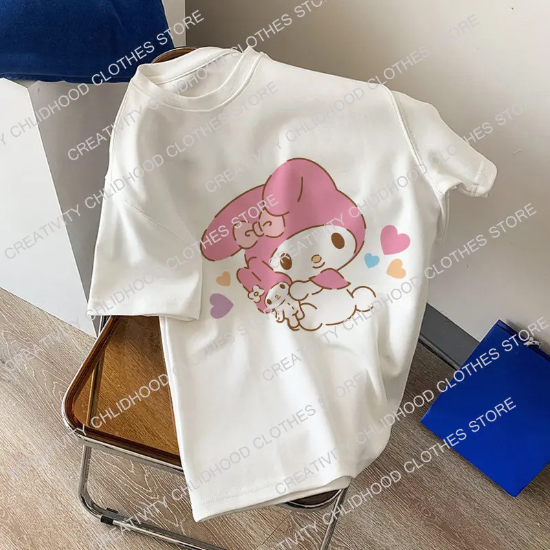 Melody Kuromi Cotton T-shirt Anime Sanrio Women T Shirts Kawaii Cartoons Casual Clothes Fashion Unisex Streetwear Oversized Tops
