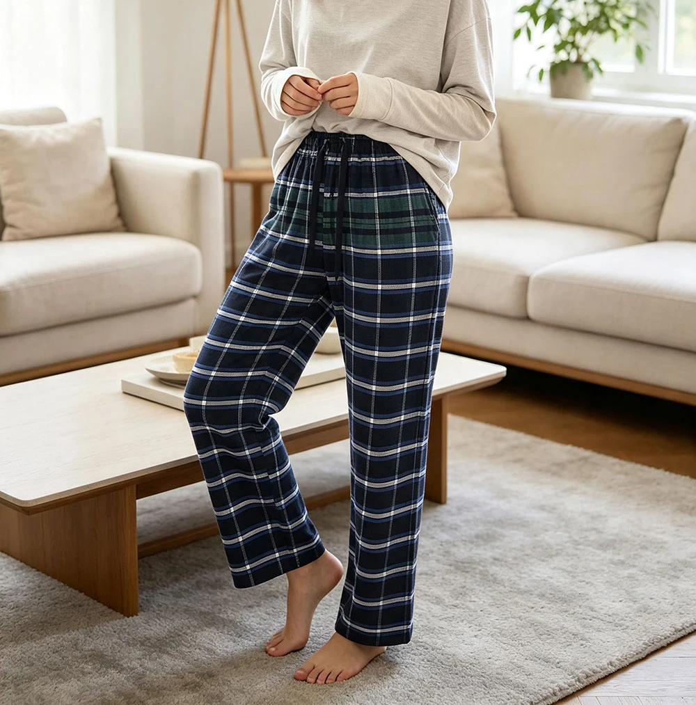Ladies' Relaxed Checked Trousers Elastic Waist Loose Straight Leg Breathable Soft Plaid Lounge Pants Comfy Home Pyjama Nightwear