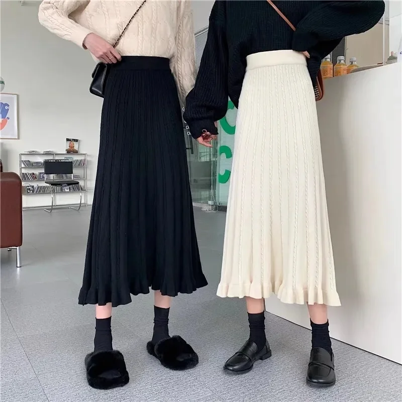 2025 السيدات موضة شيونغسام محبوك التنانير الطويلة الكورية المرأة عالية الخصر متماسكة ماكسي تنورة الخريف فام ألف خط كبير سوينغ تنورة #1