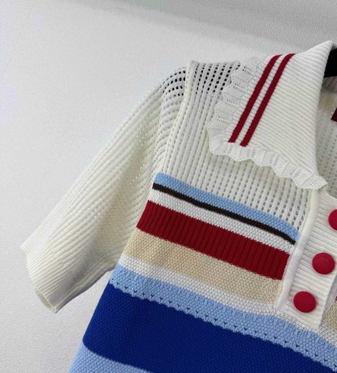 New Elegant Dopamine Rainbow Stripe Hollow Knitted Short Sleeve with Lotus Leaf Lace Polo Neck Embroidered Short Top for Women