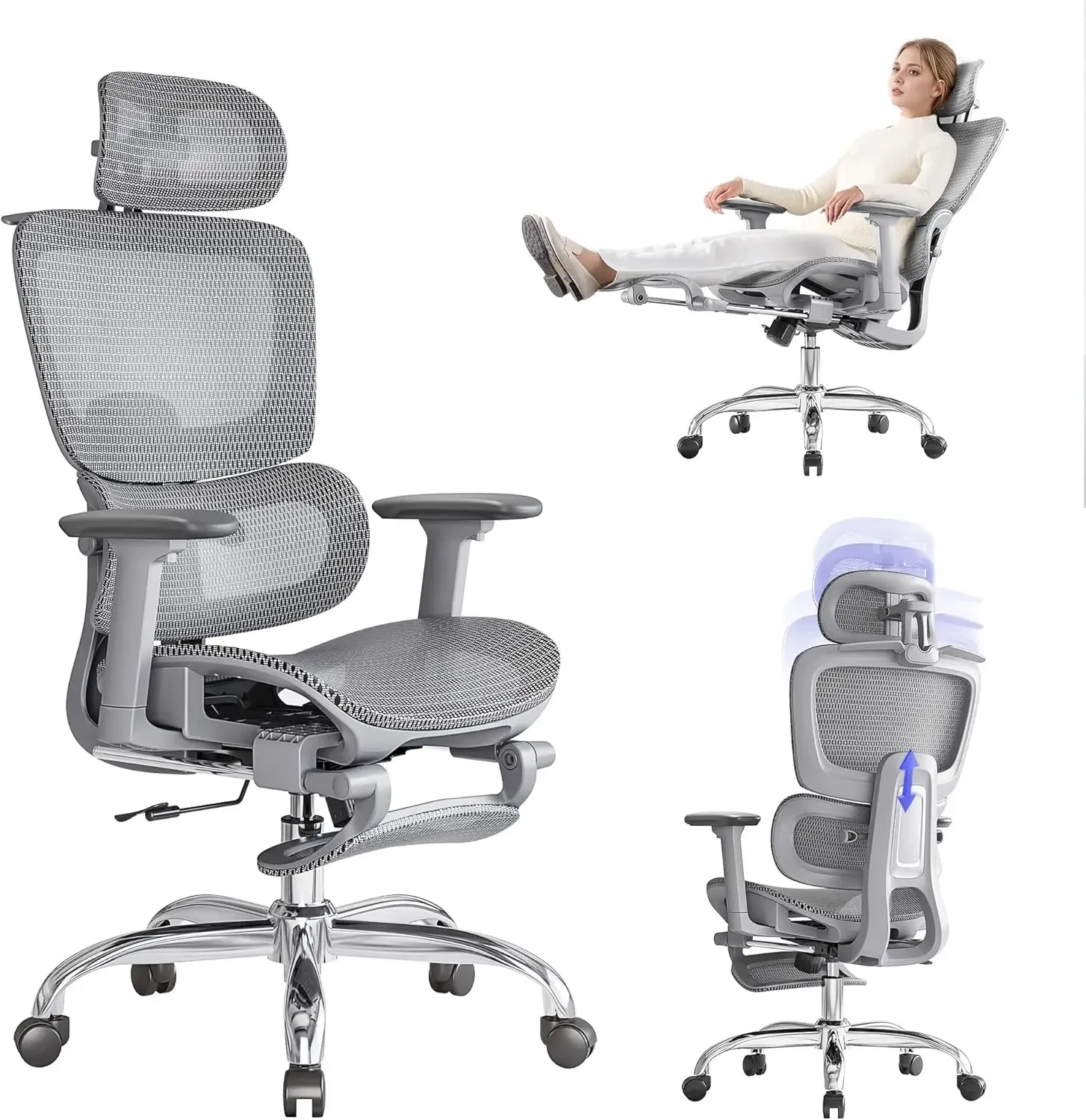 Office Chair with Footrest, Ergonomic Chair with 3D Headrest, Computer Chair with Adjustable Backrest & 3D Armrest, Gaming Chair with Adaptive Lumbar Support, Mesh Backrest & Cushion, Grey