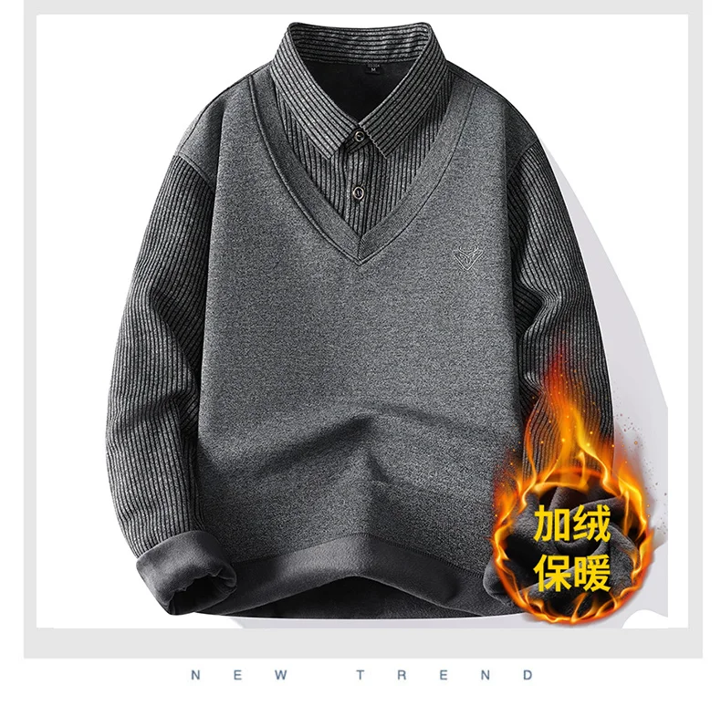 Herren-Langarmshirts mit Fleecefutter, Fake-Two-in-One-Strickhemden, kleine Stickerei, entspannte Passform, warme Oberteile für den Winter. – Detail 8
