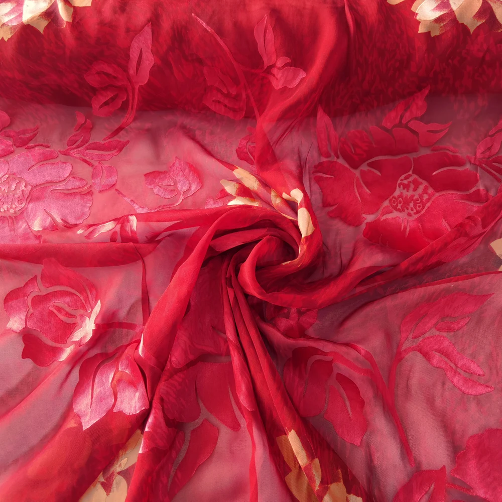 1 meter X 1.05 meter Elegant 3D Burnout Silk Fabric Wedding Dress Material Silk Viscose Red Violet