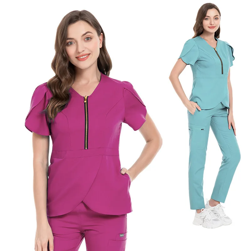 Wholesales Women Wear Stylish Scrub Sets Hospital Work Suits Tops Pant Solid Color Unisex Operating Uniform Nurses Accessories