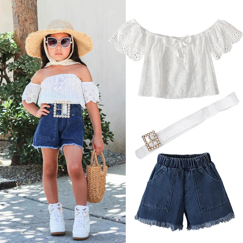 

Summer Kid Girl Clothes Strapless Mesh Tops+Denim Pant +Belt 3Pcs Set Fashion Children Costume Toddler Tracksuit Girl Suit A611