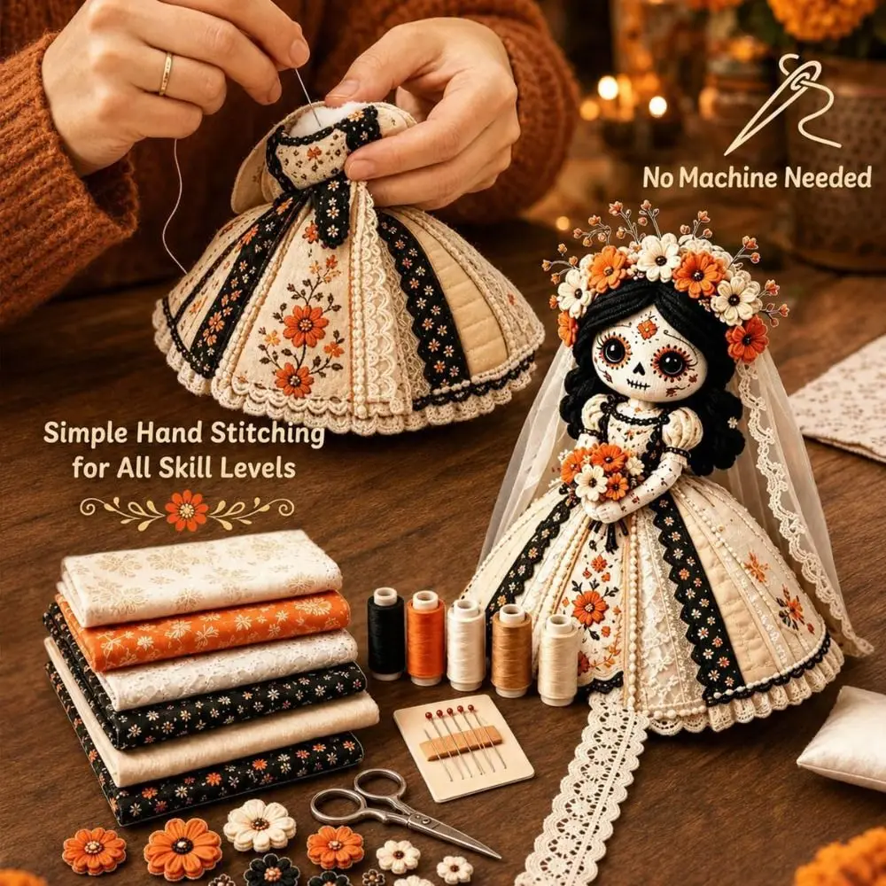 Halloween Theme Fabric Doll Craft Kit Handmade Pre Cut Fabric Patchwork Doll Kit Stuffing Included Step by Step Guide