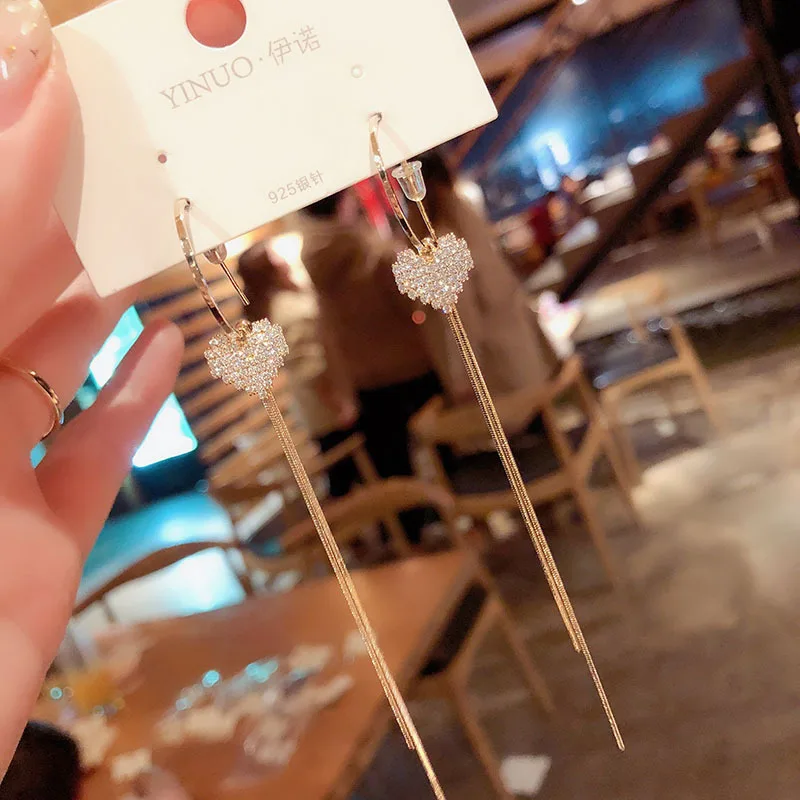 South Korea East Gate New Temperament Zircon Love Tassel Earrings Super Fairy Personality Simple Long Versatile Ear Nail Female
