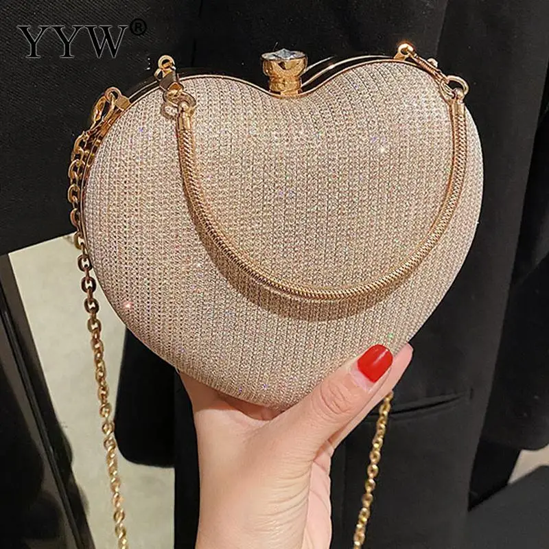 Sequins Love Heart-Shaped Evening Handbag Crystal Diamond Clutch Bag Top Handle Wedding Party Mini Purse Shoulder Messenger Bag