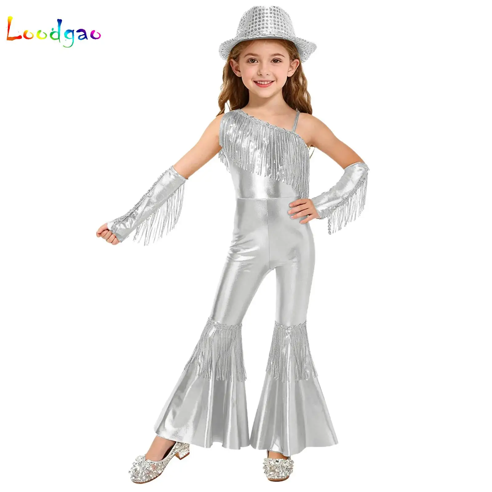 

Shiny Halloween Hippie Party Costume for Kids Girls Sequins Tassels Disco Outfit 70s 80s Prom Flare Jumpsuit with Hat Gloves Set