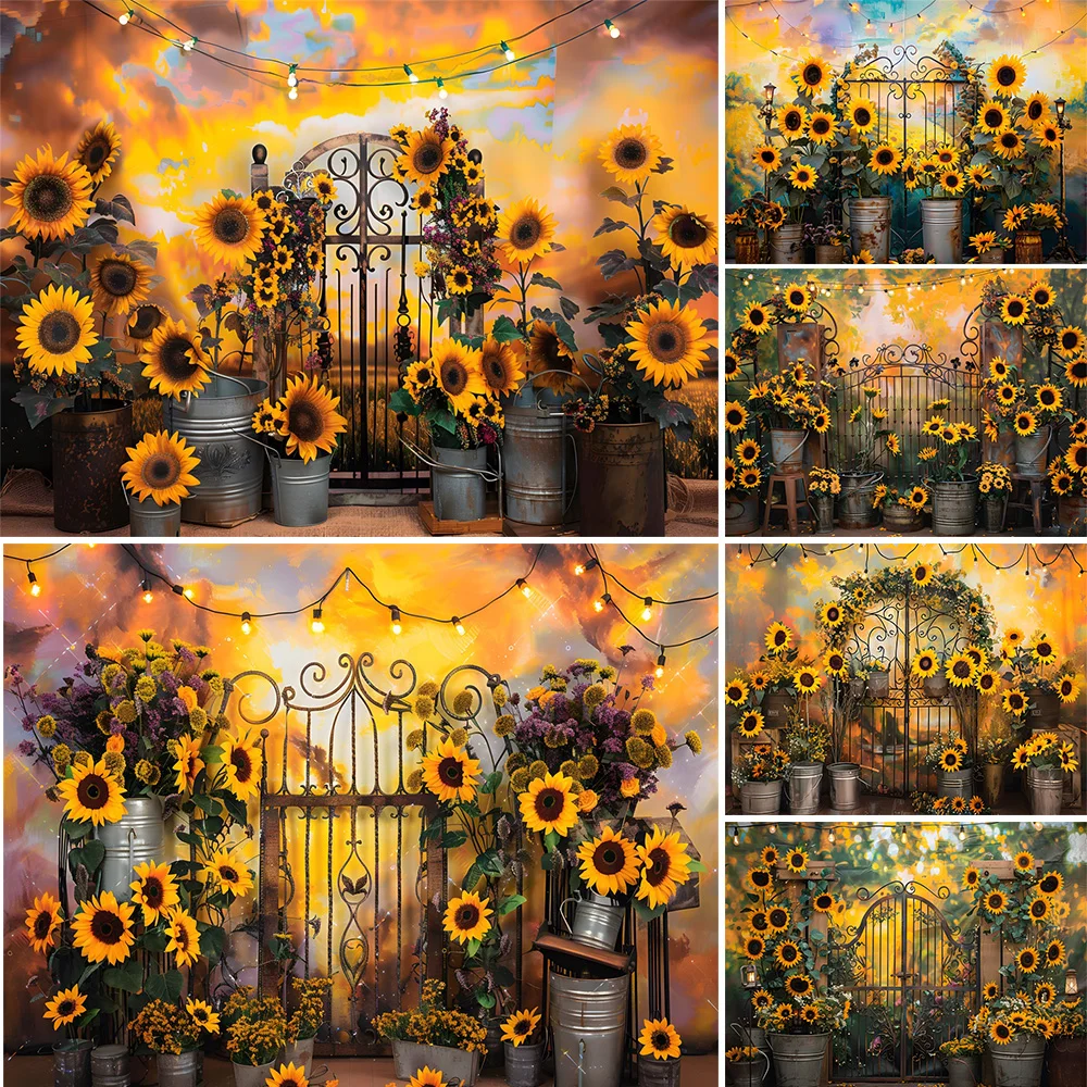 Sunflower Manor Photography Background Girls Boys Birthday Photos Flower Baby Show Yellow Backdrop Iron Gate Potted Plant Decor