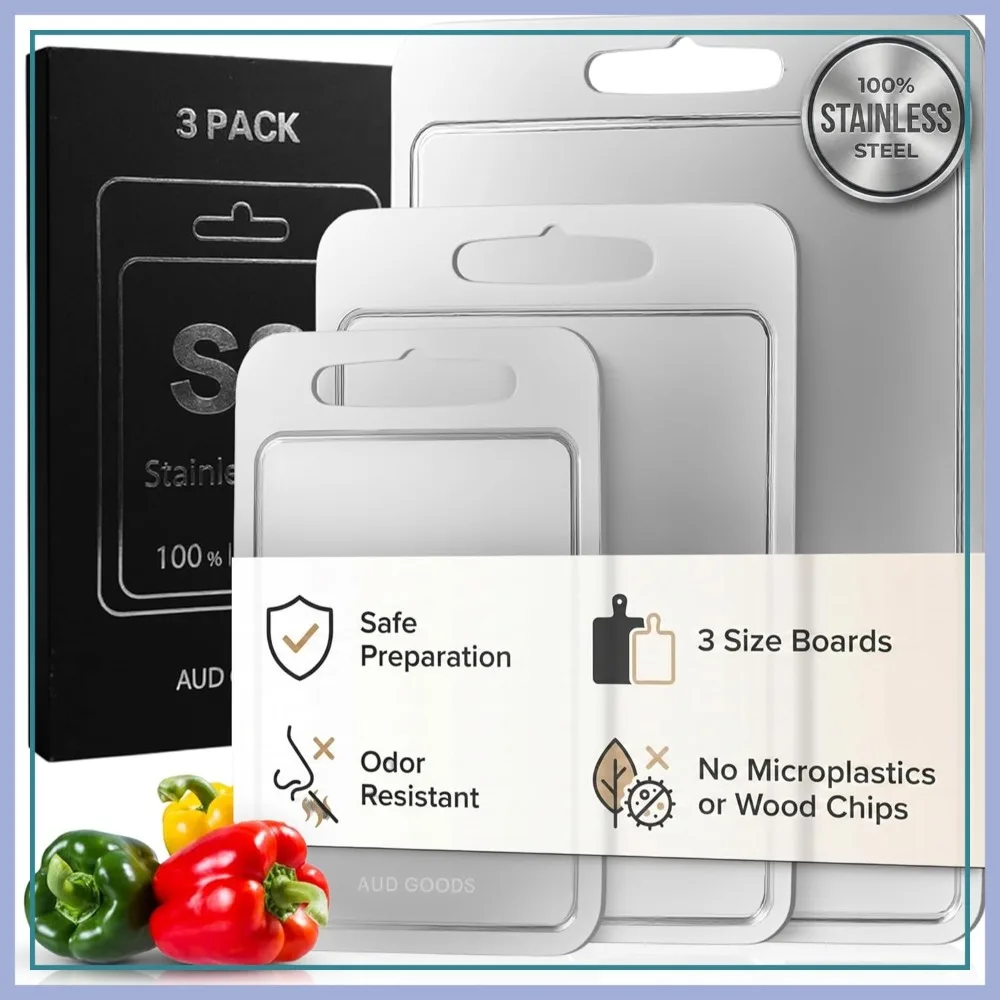

Stainless Steel Cutting Boards for Kitchen - 3 Pack with Juice Grooves, Double Sided, Durable Chopping Boards