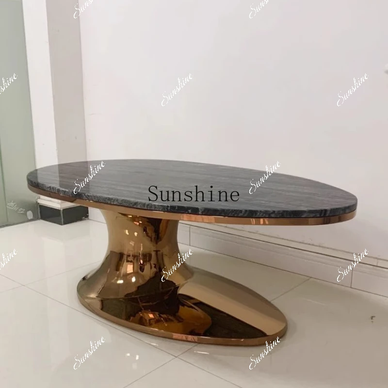 Stainless steel special-shaped high-end creative living room lobby coffee table natural gold-plated light luxury oval table  FT