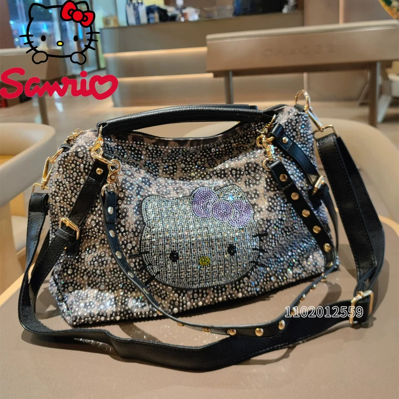 

Hello Kitty New Women's Handbag Diamond-encrusted Shiny Women's Shoulder Crossbody Bag Rivets Luxury Women's Bag Large Capacity