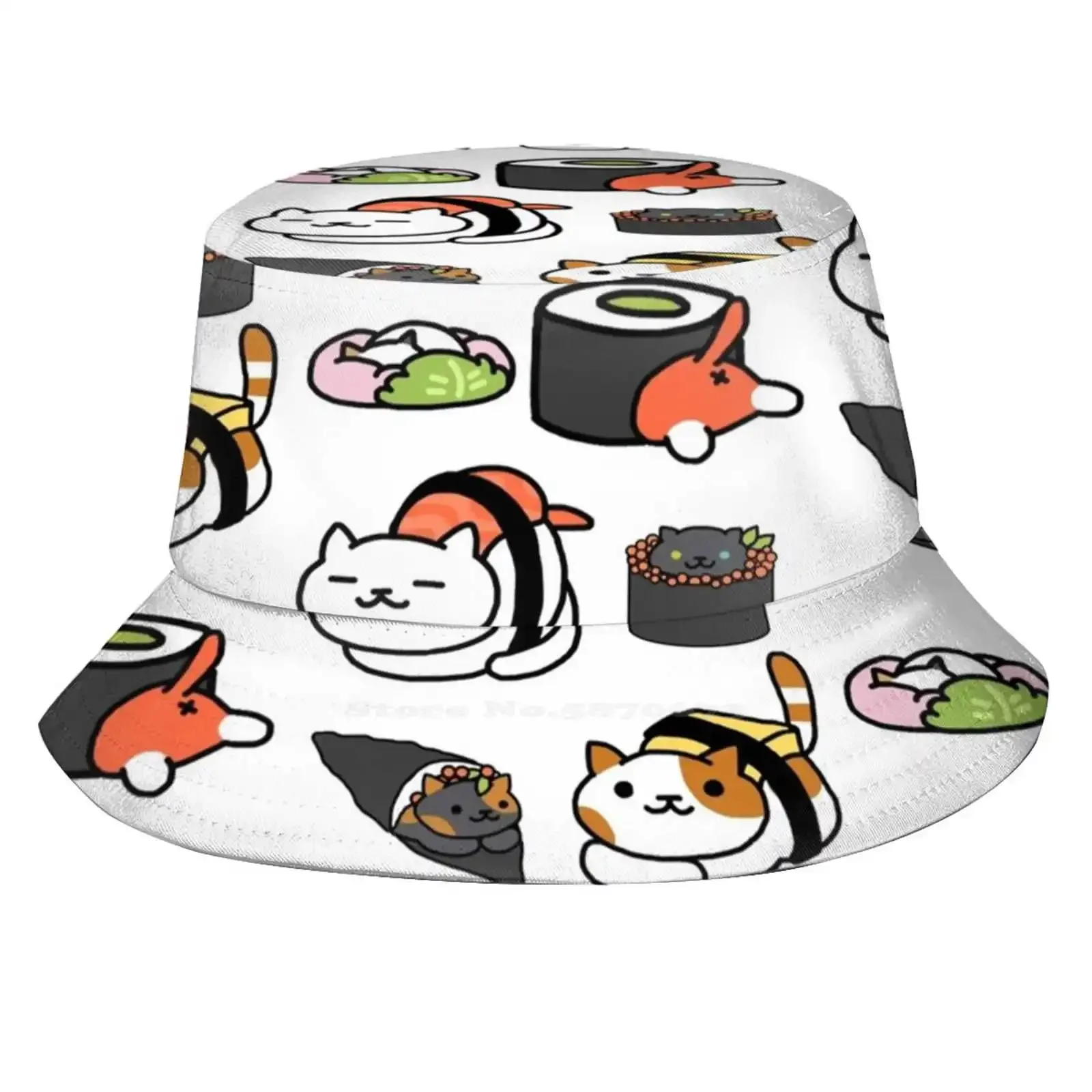 Neko Atsume Unisex Fisherman Hats Bucket Hats Neko Atsume Cats Sushi Japan Kawaii Cute Background Food Kittens Pets Maki