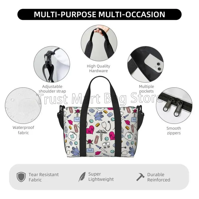 Bolsa de viaje con tema médico para enfermera, bolsas de mano para deporte, gimnasio, ligeras, impermeables, para fin de semana, bolsas de noche para mujer