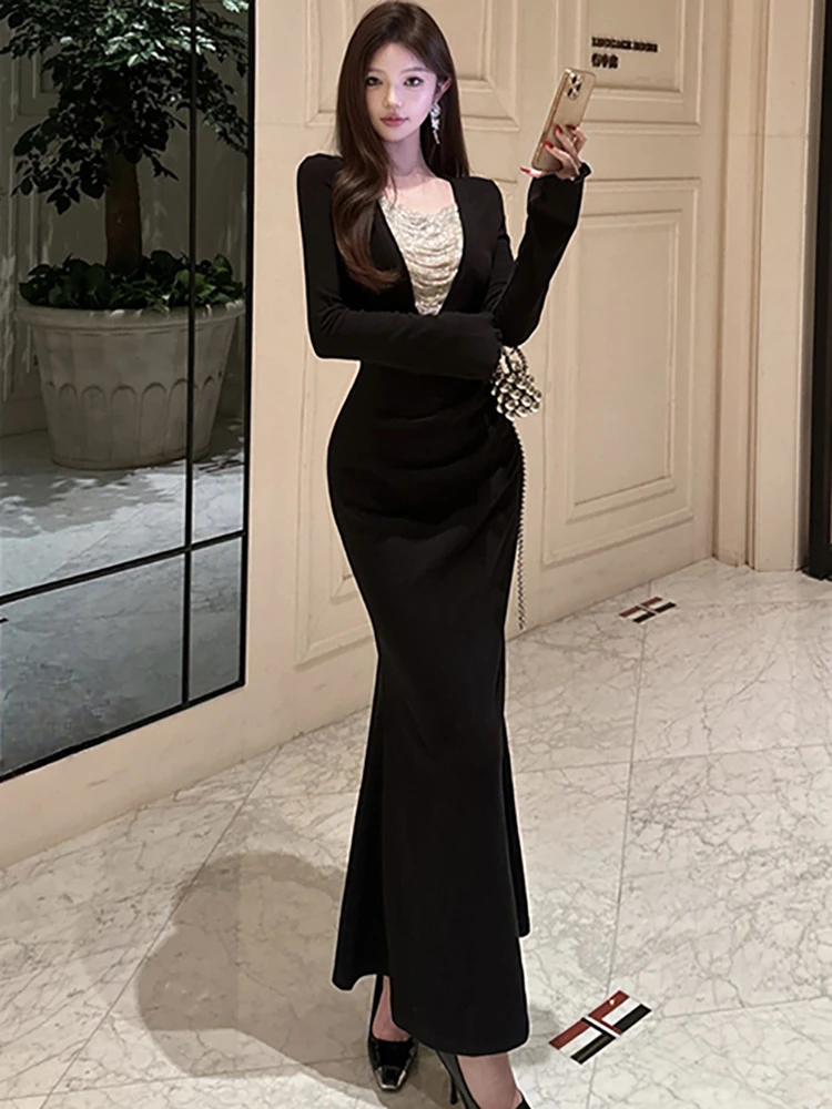 秋冬ブラックパッチワークホワイトVネックロングドレス女性プリーツボディコンフリルドレス2025韓国ヴィンテージラグジュアリーパーティードレス