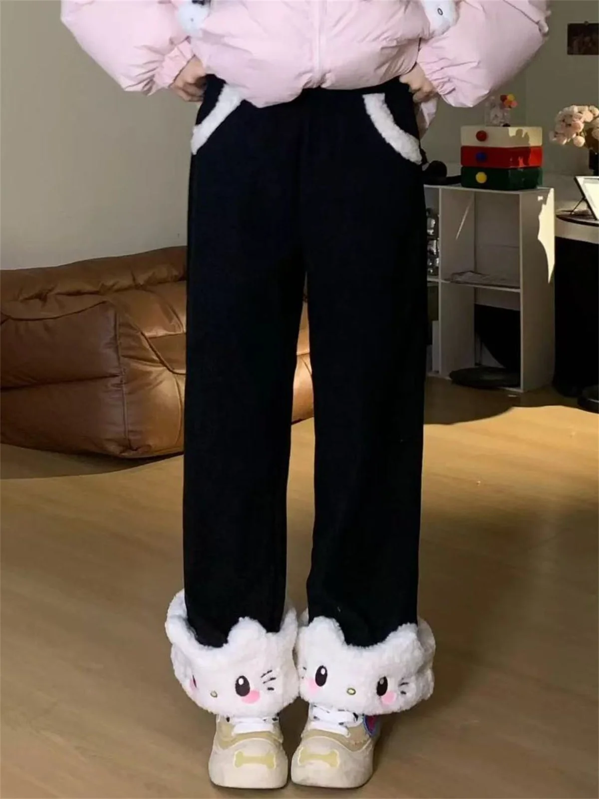 Herbst Winter Japanische Süße Lolita Hochgeschnittene Cordhose Kawaii Cartoon Katze Warme Weite Hose Y2k Lose Niedliche Hose – Detail 3