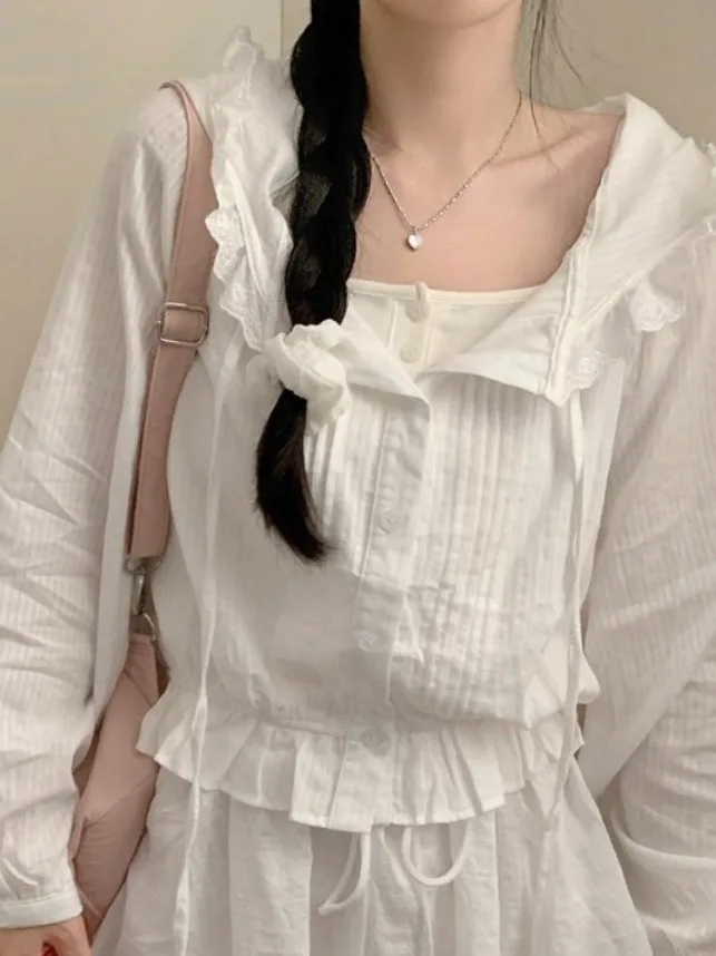 

Chic White Sweet ort Open Cardigan Women's Air Conditioning Sunscreen Hat Elastic Waist Design French Sle irt