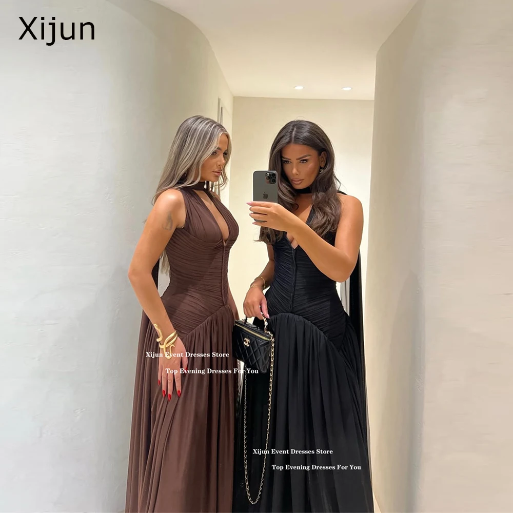 

Xijun Modern Chiffon Long Evening Dresses Halter Sleeveless A-Line Prom Dresses V-Neck Formal Occasion Prom Gowns Customized