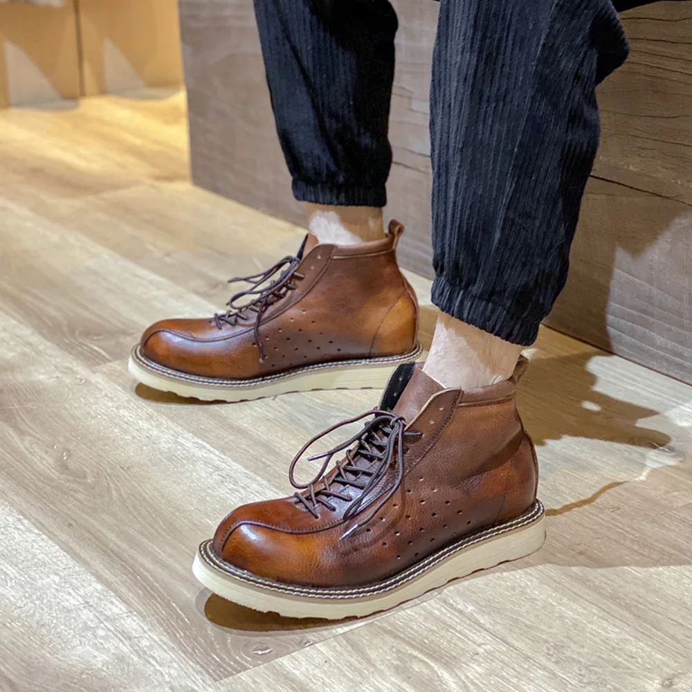 Fashion Men's Genuine Leather Hollow Out Chelsea Boots British style High Top Leather Shoes Outdoor Mid-calf Western Work Boots