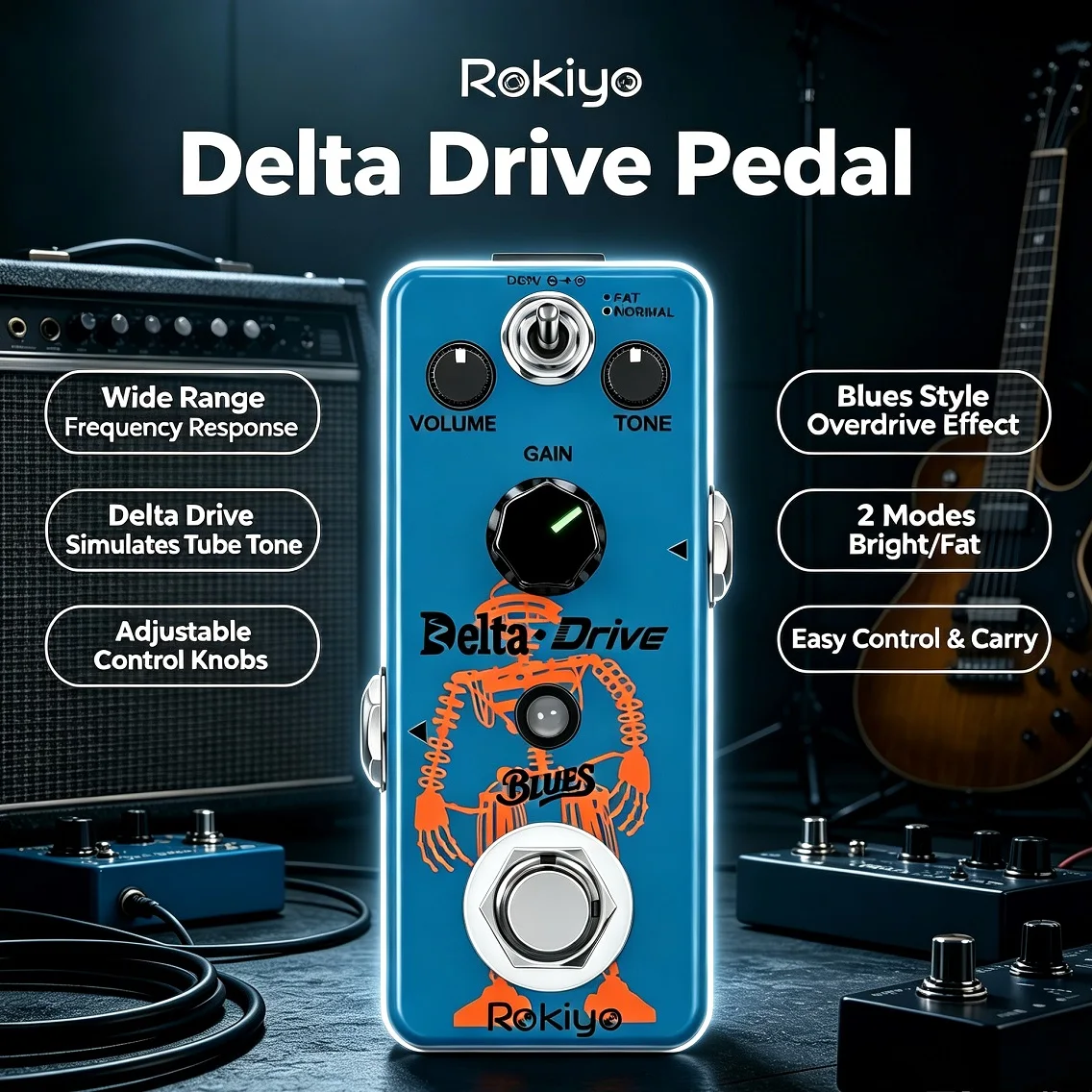 Rokiyo Delta Drive Blues Overdrive Guitar Effect Pedal Vintage Tube Blues Tone 2 Modes Stompbox for Electric Guitar & Bass view 3