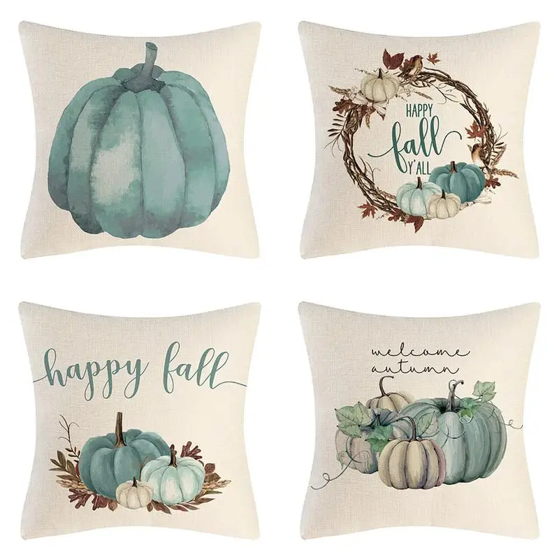 Autumn Pillow Case Decorative Green Pumpkin Pillow Cover 45 X 45 Cm Fall Harvest Thanksgiving Decor Hello Autumn Pillow Case