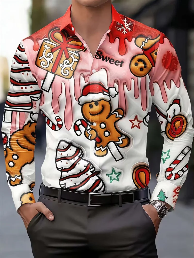 New red gold contrasting Christmas themed men's long sleeved shirt Christmas tree snowflake print holiday top