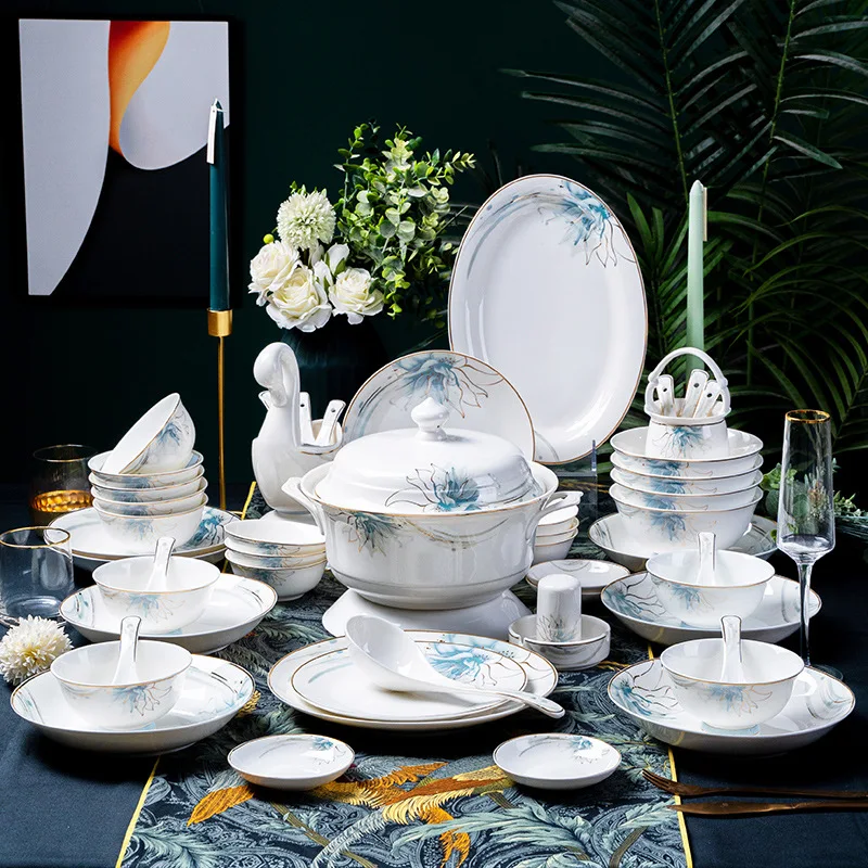 

Wholesale of tableware sets, Jingdezhen tableware 62 PC gold lily bone porcelain European style tableware set